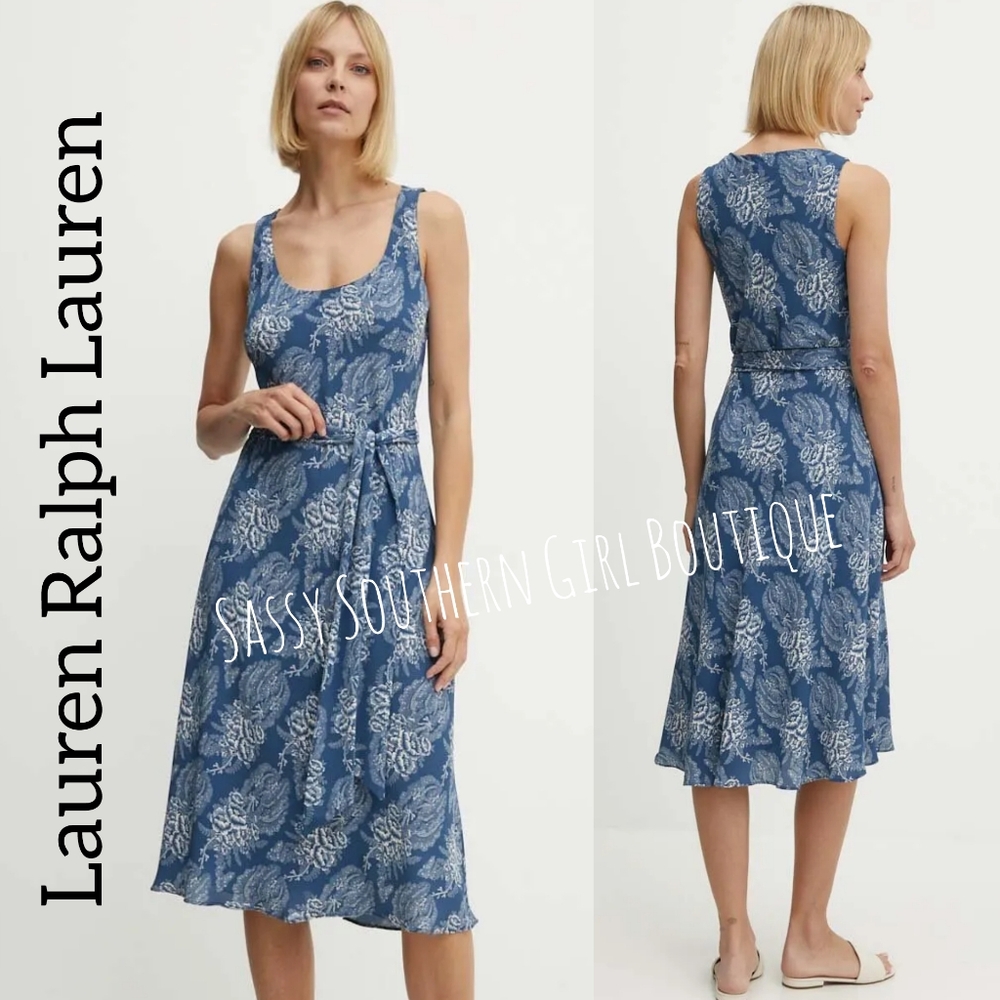 🆕⭐ Lauren Ralph Lauren Denim Blue Floral Midi Dress